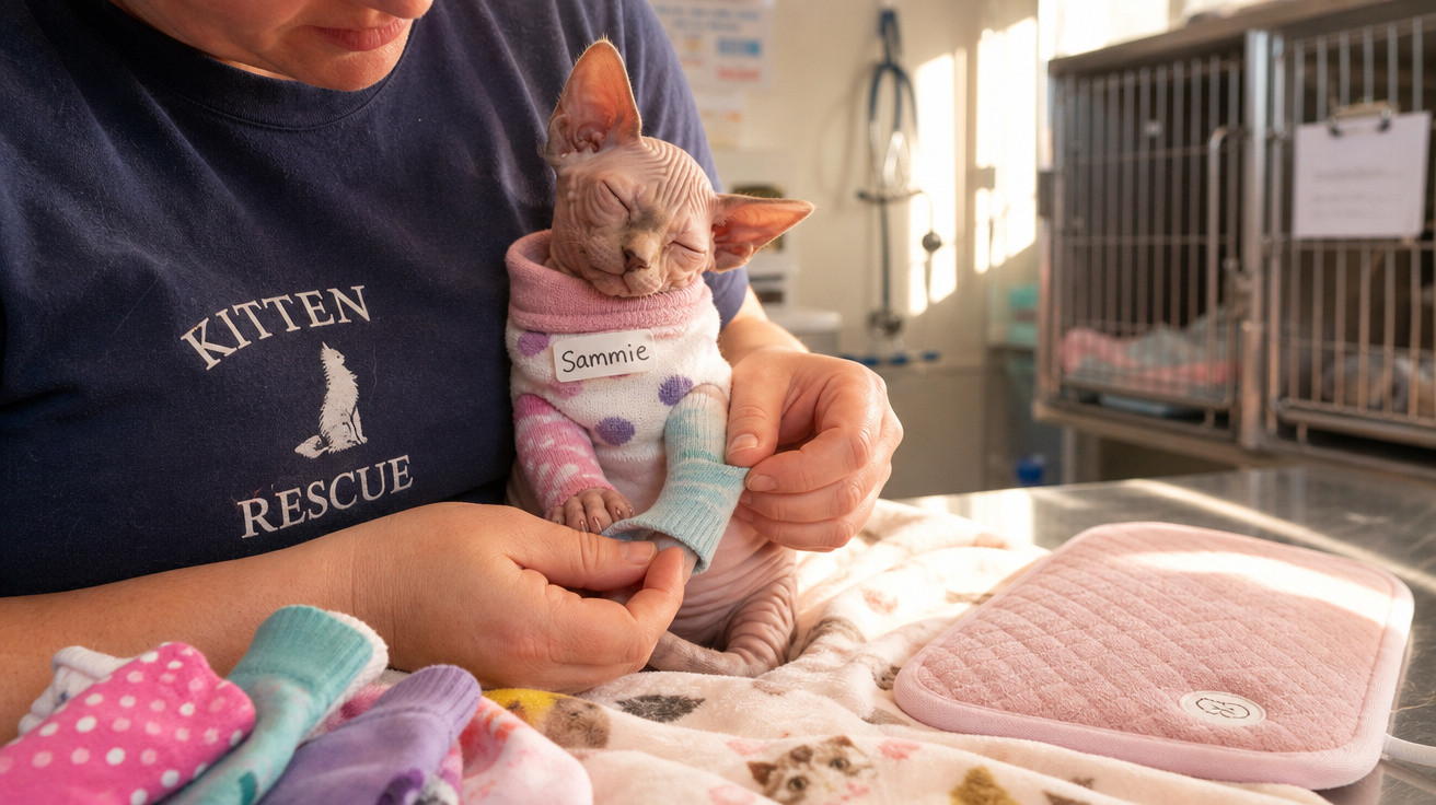Pessoa segurando gatinho Sphynx com roupinha colorida e etiqueta de nome "Sammie" em ambiente veterinário.