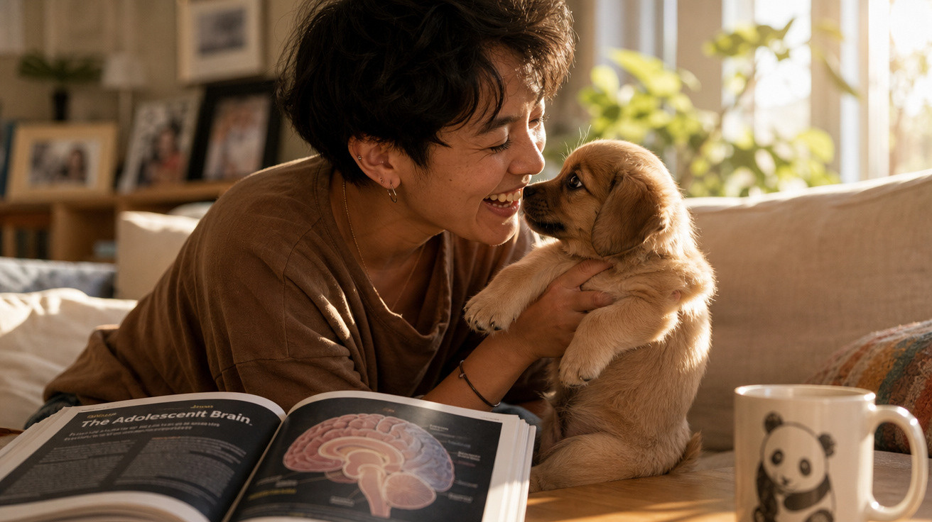 Pessoa sorrindo segurando filhote de cachorro em mesa com livro aberto e caneca decorada com panda.